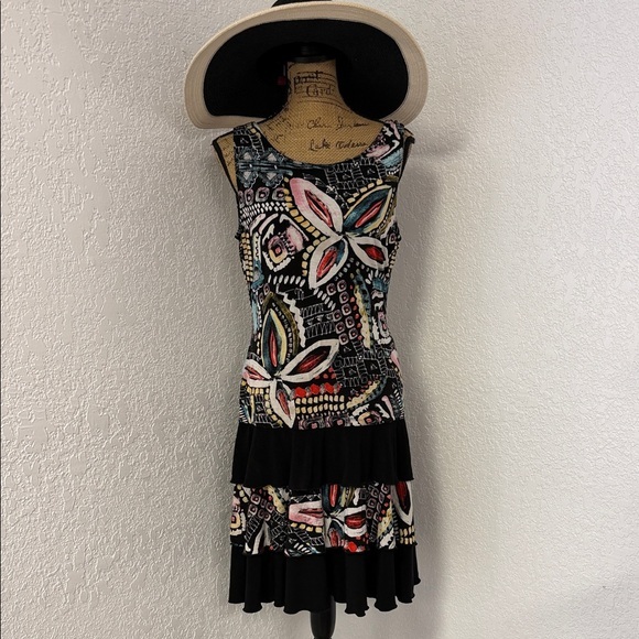 Joseph Ribkoff Black Multicolor Floral Tiered Midi Dress Size 12